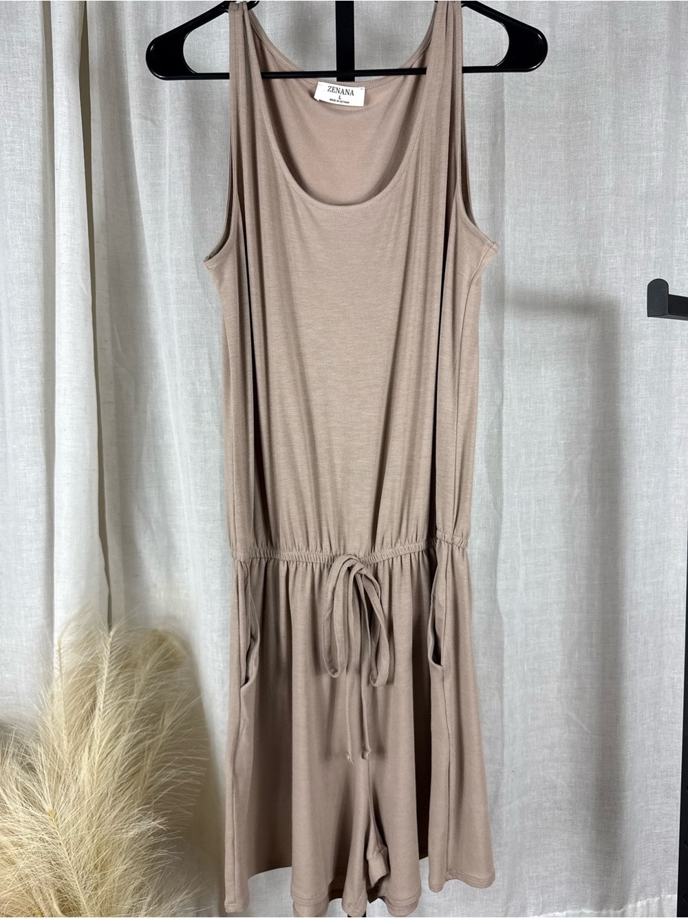Zenana Outfitters Taupe Drawstring Sleeveless Romper
